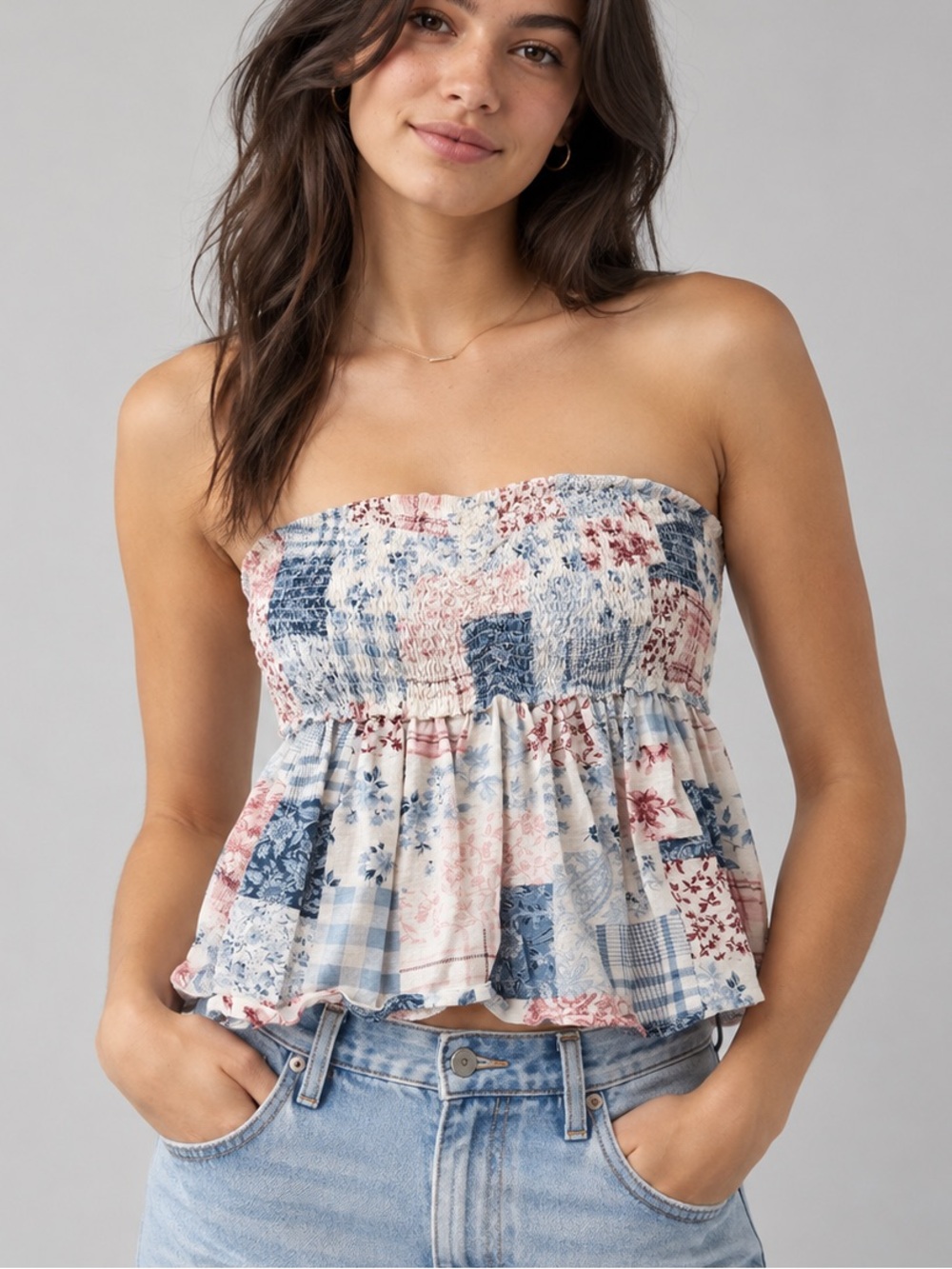 American Eagle Patchwork Linen Smocked Strapless Peplum Tube Top M